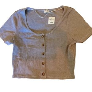 Cotton On Top Cropped Ribbed Striped Short Sleeves Button Down Tee New Large